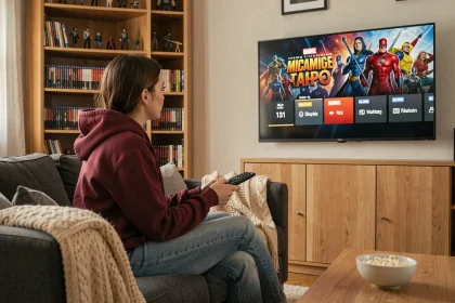Jeune femme regardant un menu de films Marvel sur grand écran depuis son canapé