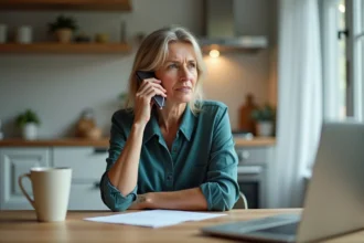 Femme d'âge moyen répondant à son smartphone à la cuisine