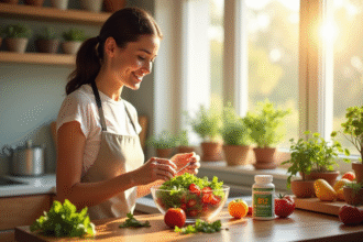 Jeune femme préparant une salade vitaminée avec B12