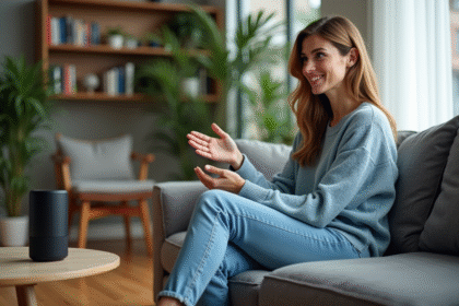 Femme assise sur un canapé parlant à un assistant vocal