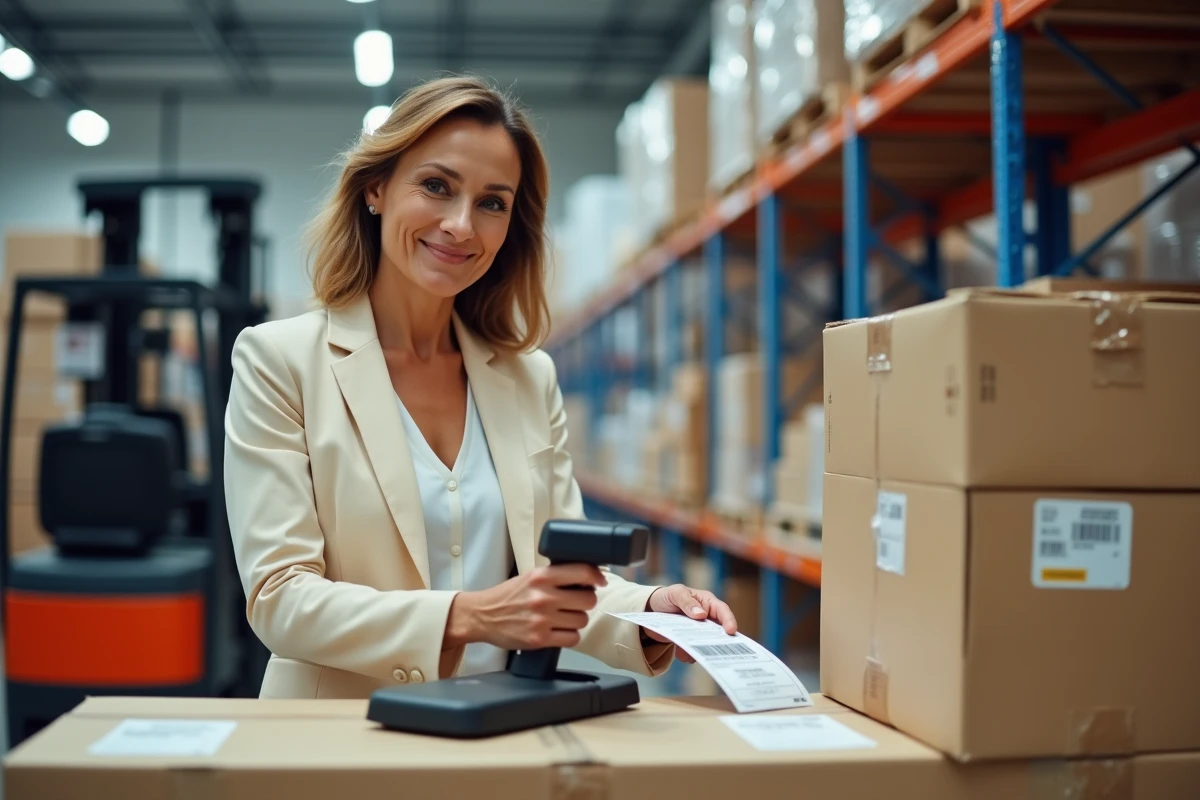 Femme professionnelle scannant un colis dans un entrepôt logistique