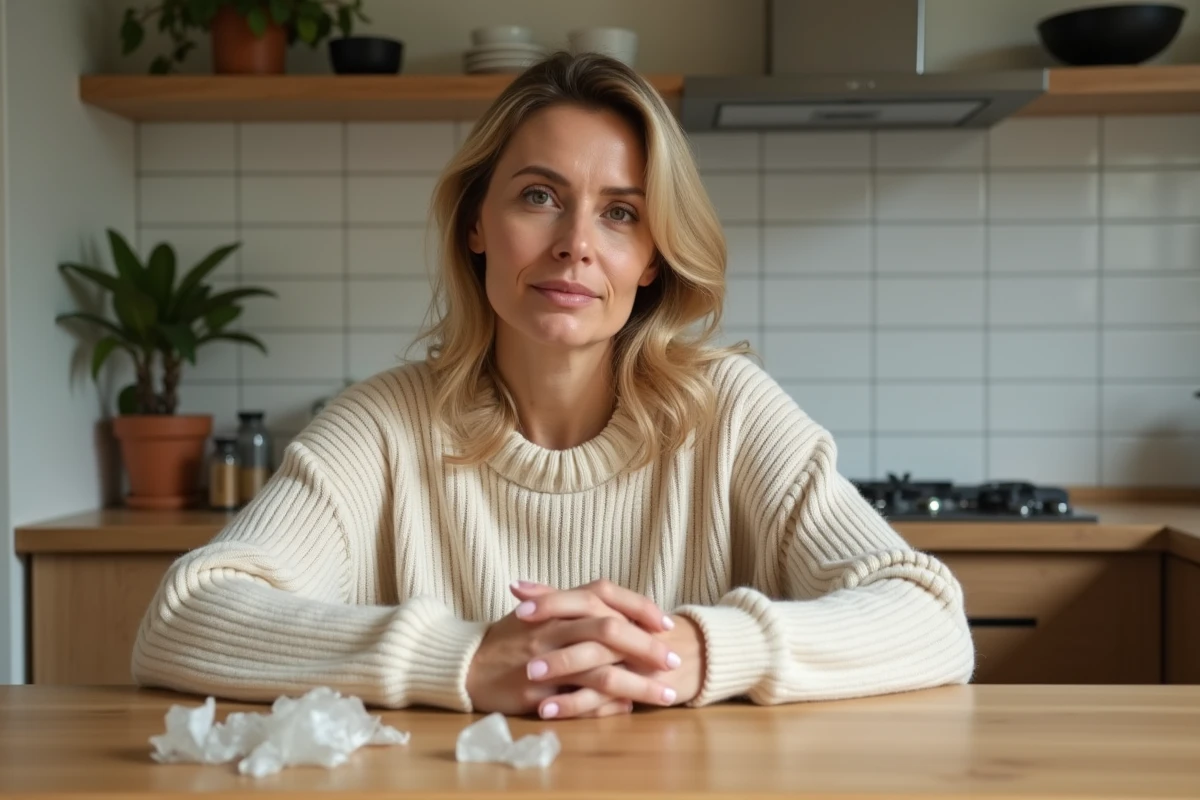Femme songeuse assise à une table de cuisine devant des morceaux de verre blanc cassé, expression apaisée