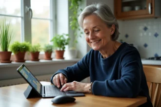 Femme d'âge moyen jouant à Scrabble sur tablette à la maison