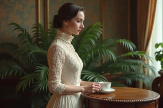 Femme élégante en robe Edwardian avec théière
