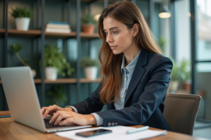 Femme en blazer travaillant sur un ordinateur dans un bureau moderne