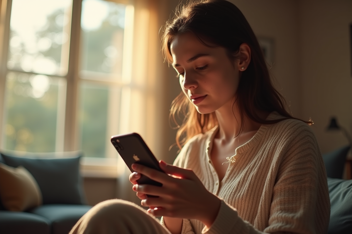 Jeune femme pensant en regardant son téléphone portable