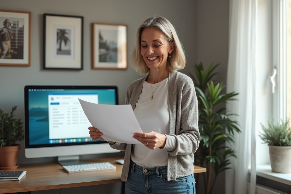Femme vérifiant une confirmation de transaction dans un bureau à domicile