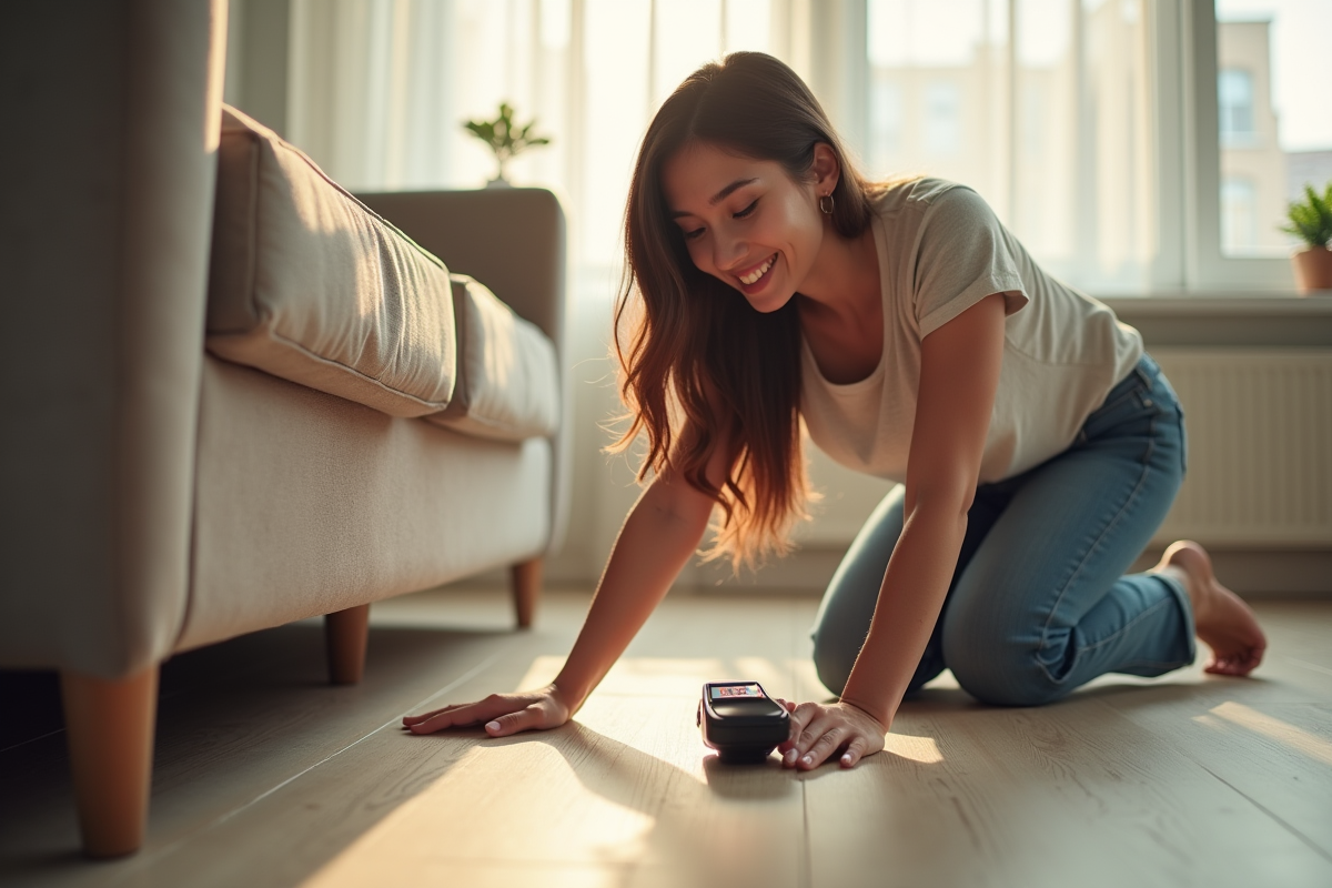 Jeune femme souriante retrouvant ses clés avec un tracker électronique