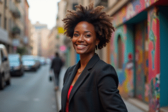 Femme africaine confiante dans la ville avec murales hiphop