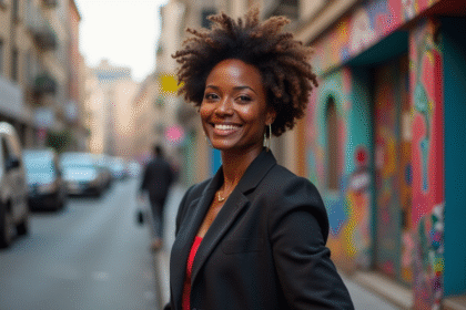 Femme africaine confiante dans la ville avec murales hiphop