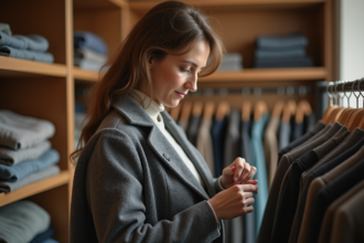 Femme inspectant la couture d'un manteau en laine dans une boutique chaleureuse