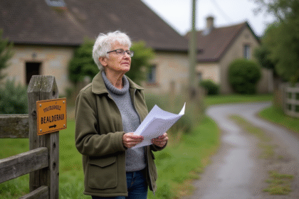 Femme française contemplant des documents dans un village