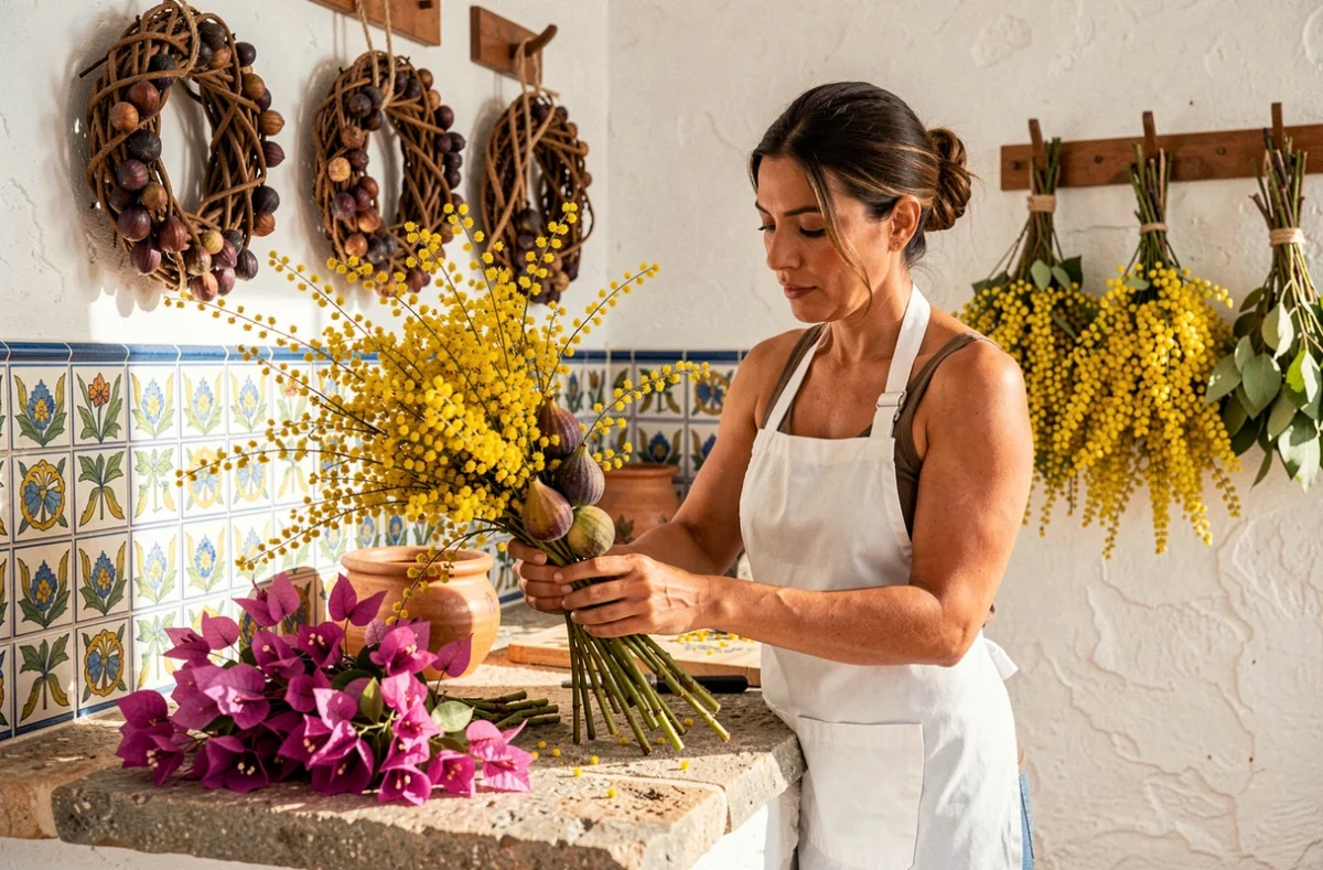 Fleuriste Figa e Mimosa présentant un bouquet méditerranéen de mimosa et de branches de figues