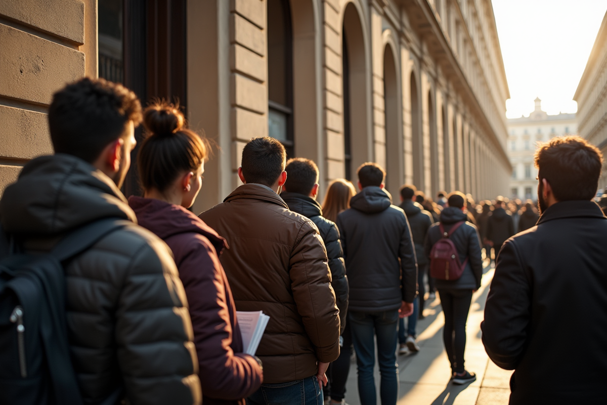 Groupe de personnes faisant la queue devant une grande banque française