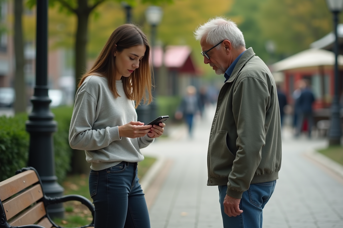 Jeune femme regardant son téléphone dans un parc urbain