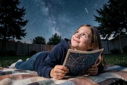 Fillette curieuse allongée dans un jardin la nuit observant les étoiles avec une carte du ciel