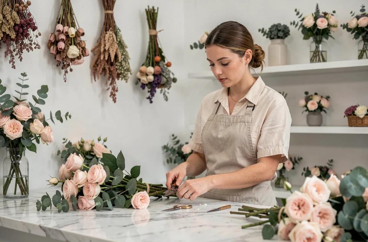 Fleuriste Fleurine préparant un bouquet de roses roses et eucalyptus dans une boutique épurée