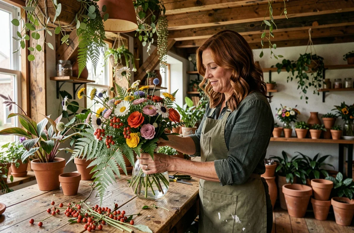Fleuriste Fleurs et Nature arrangeant un bouquet champêtre de fleurs sauvages et fougères