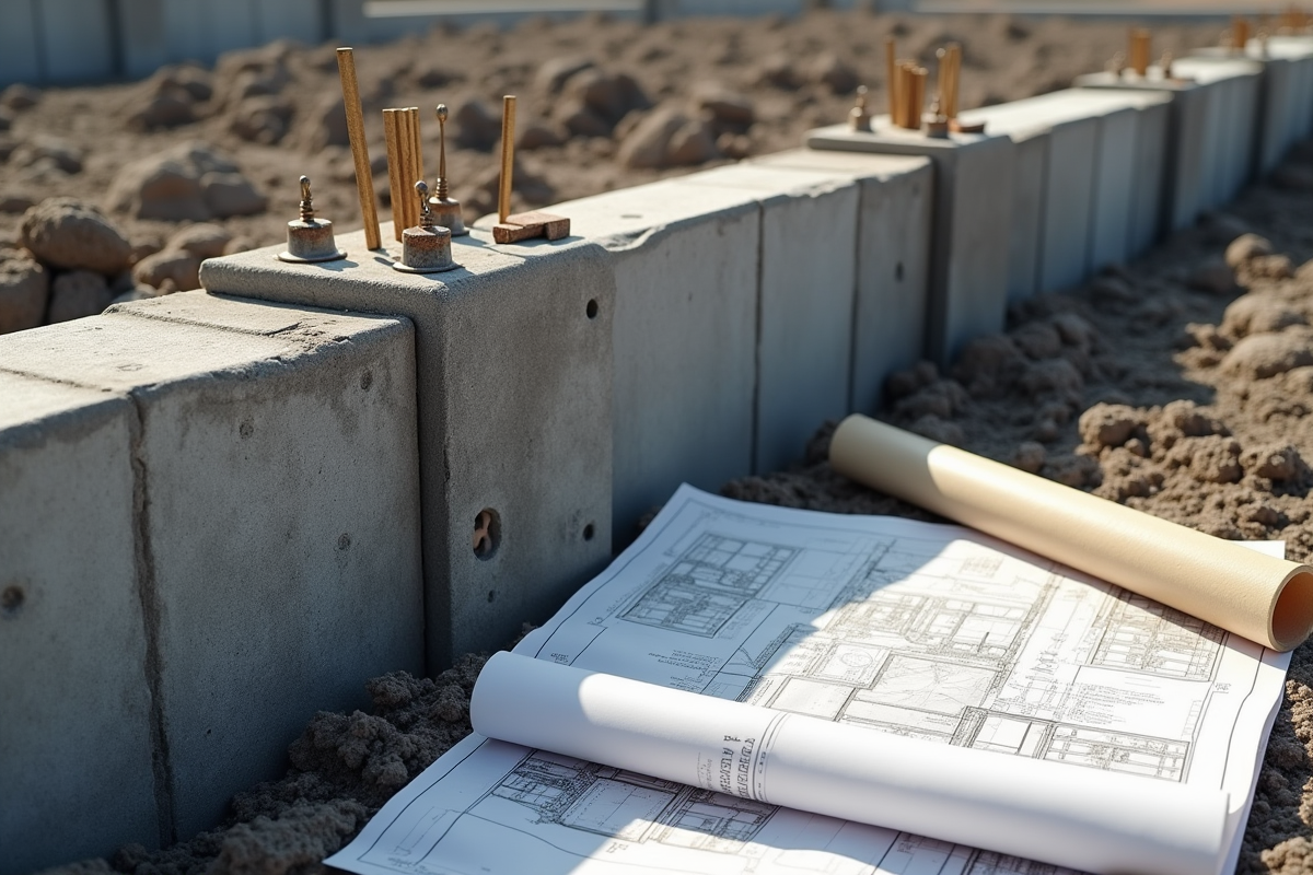 Détail de fondations en béton armé avec plans et outils de mesure