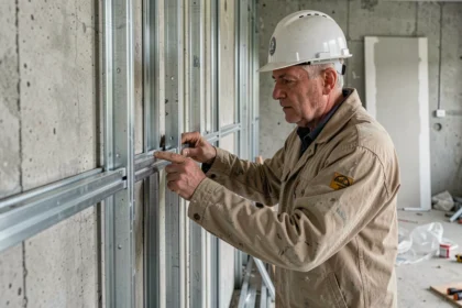 Ouvrier examinant une ossature métallique type franchassis sur chantier de rénovation intérieure