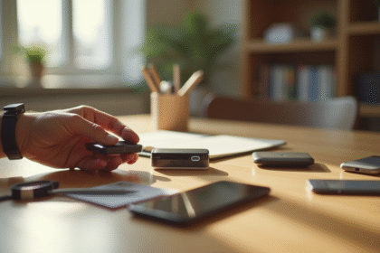 Main tenant un petit tracker intelligent sur une table en bois