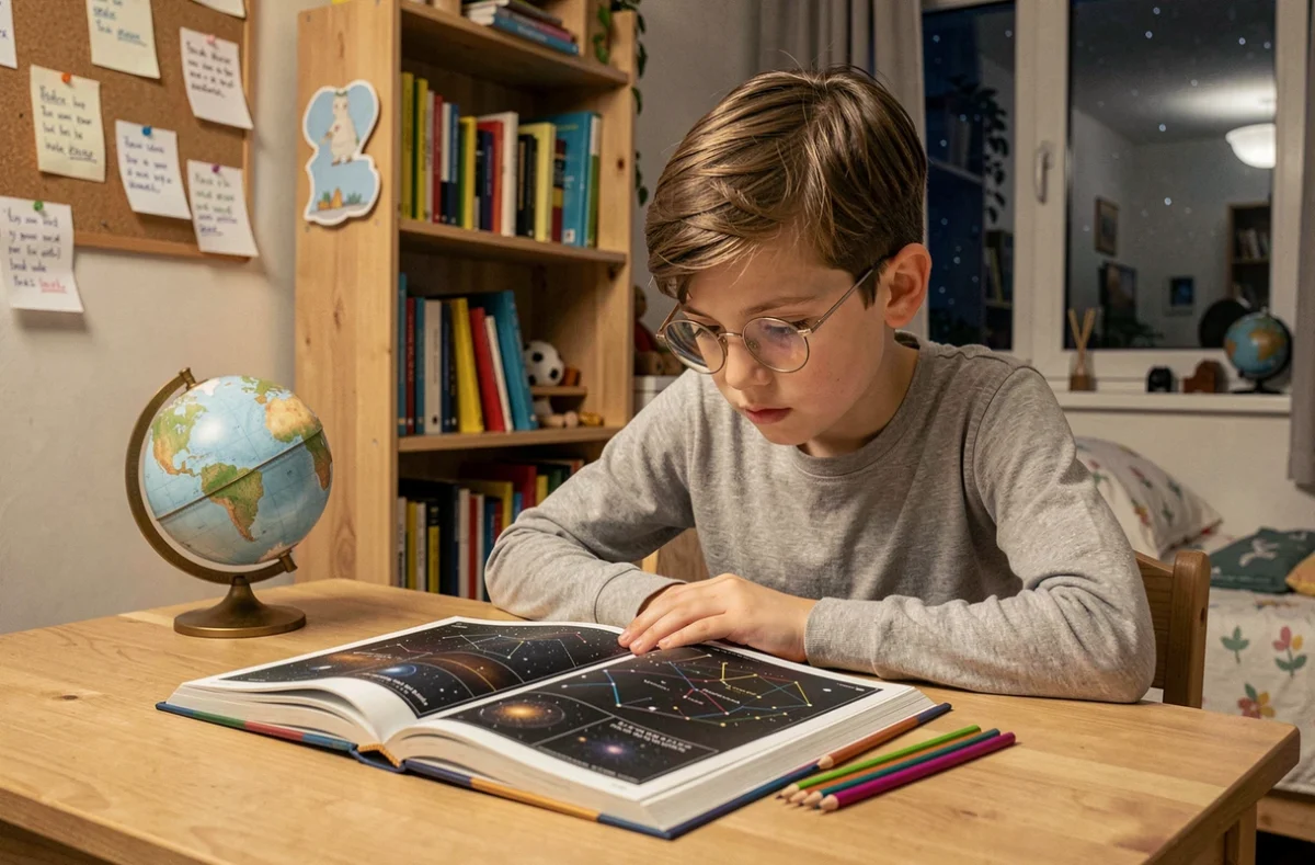 Garçon avec lunettes étudiant une carte des constellations dans sa chambre