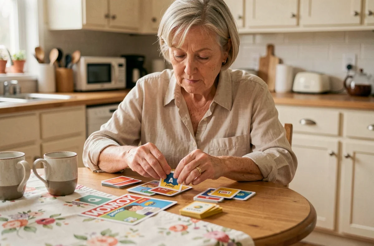 Grand-mère préparant le plateau du Monopoly Junior avec des billets colorés et des cartes simplifiées sur une table de cuisine