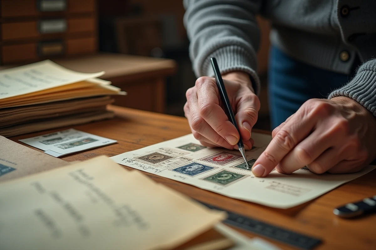 Gros plan des mains d'un expert philatéliste manipulant un timbre rare avec une pince sur un plateau de détection de filigrane entouré de catalogues d'expertise