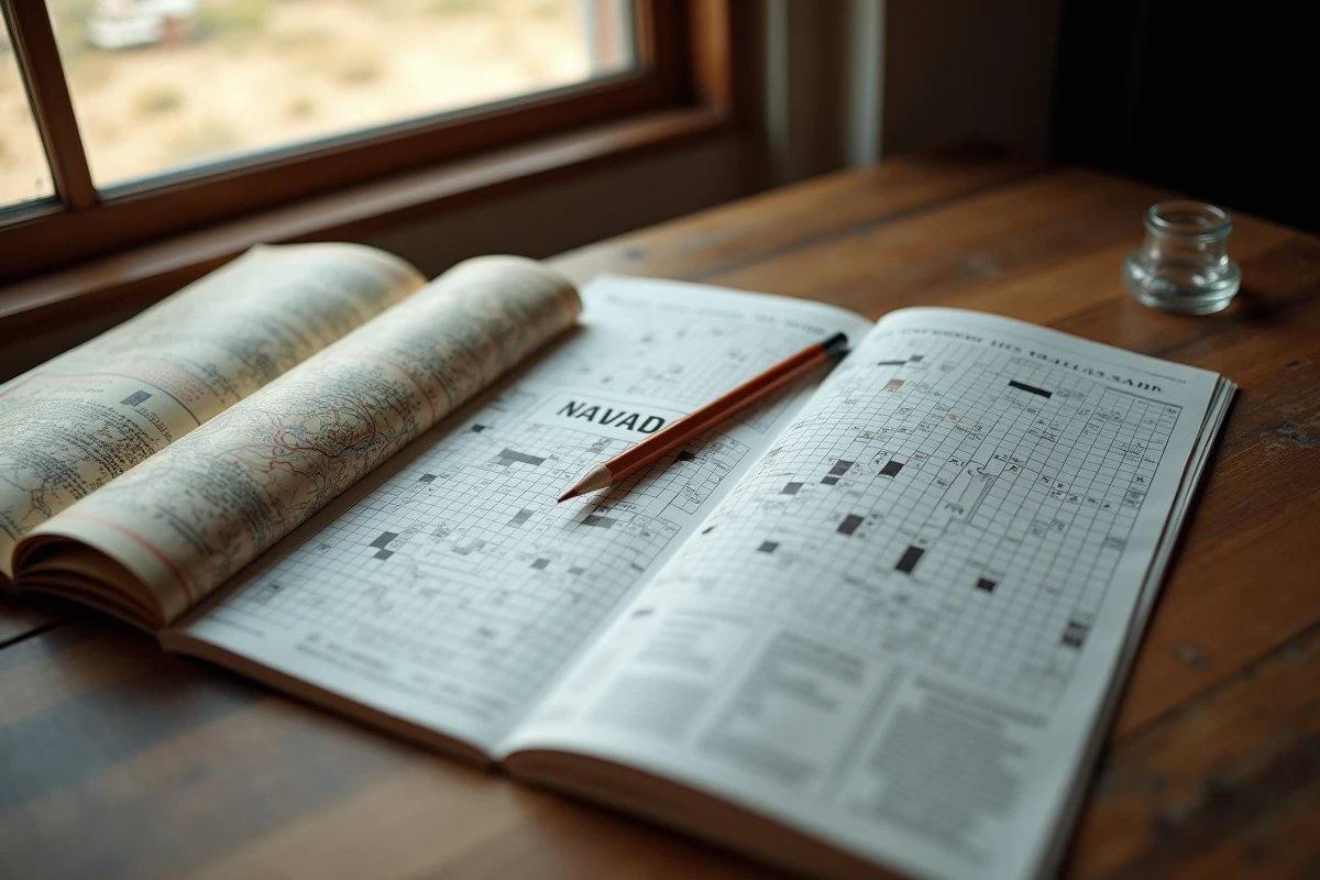 Vue plongeante sur une grille de mots croisés avec le mot NEVADA inscrit, accompagnée d'un atlas vintage sur un bureau en bois