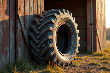 Gros pneu de tracteur usage contre une grange en campagne