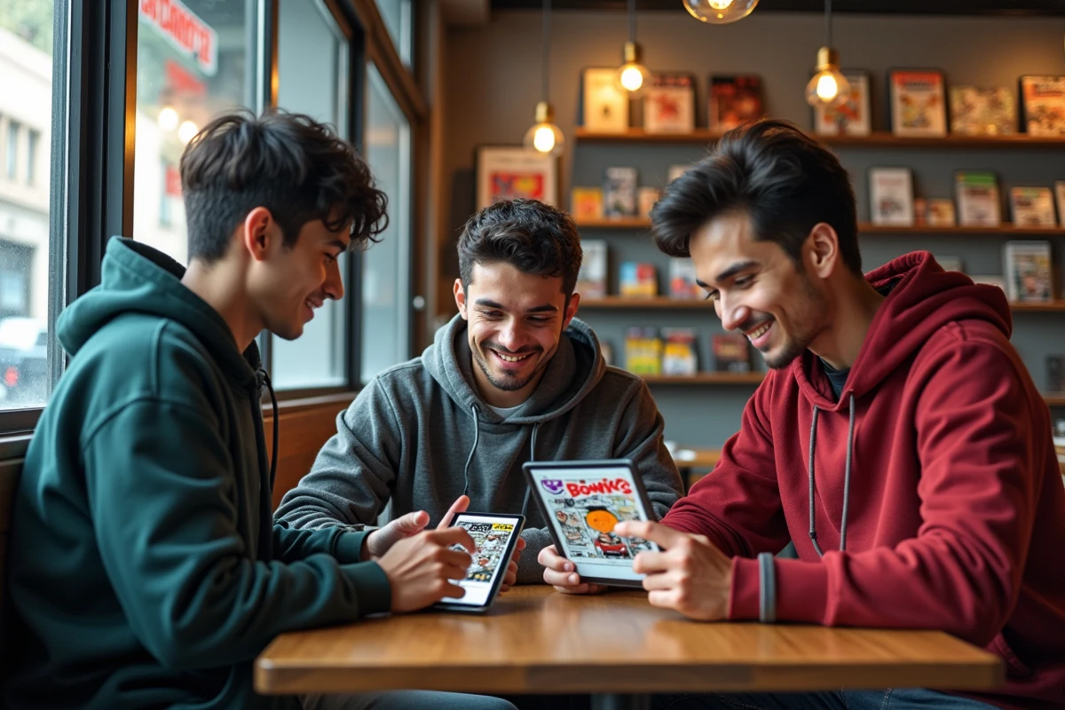 Groupe de jeunes discutant de mangas dans un café urbain