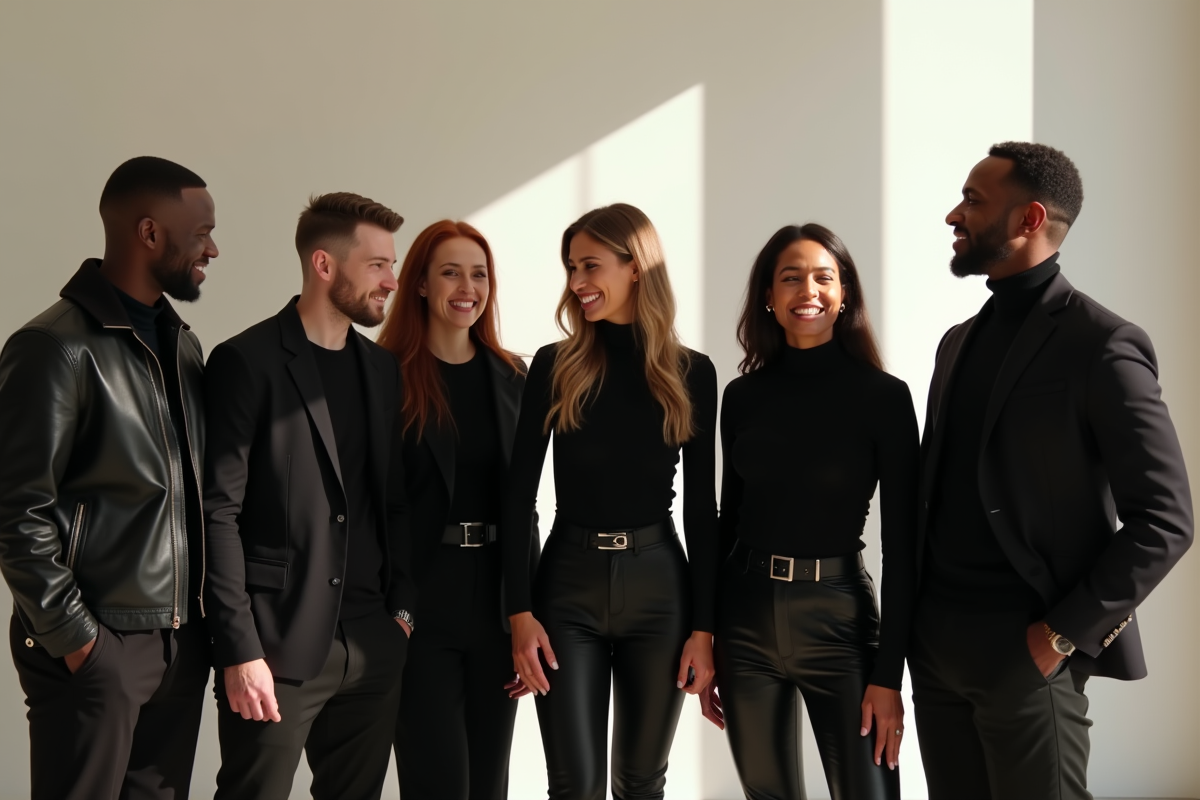 Groupe de personnes en tenues noires dans une pièce lumineuse