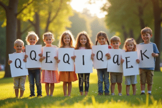 Groupe d'enfants avec cartes de noms rares en plein air