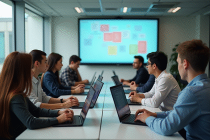 Groupe d'étudiants divers utilisant ordinateurs en classe lumineuse