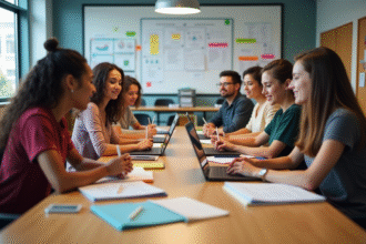 Groupe de jeunes en atelier collaboratif en classe