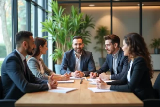 Groupe de professionnels en réunion dans un bureau moderne
