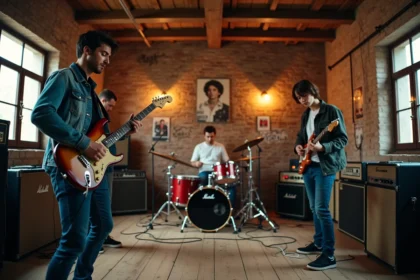 Groupe de rock français en répétition dans un loft industriel avec amplis vintage et murs en briques