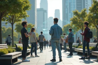 Groupe de jeunes dans un parc urbain futuriste avec hologrammes