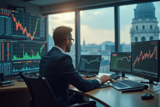Homme d'affaires inquiet dans un bureau moderne avec graphiques en baisse