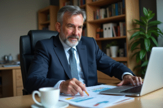 Homme d'affaires en costume examine un rapport SCPI dans un bureau moderne