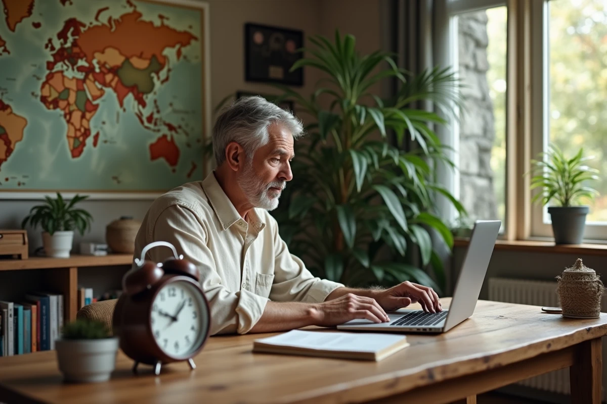 Homme réglant une vieille horloge dans son bureau à domicile