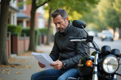 Homme d'âge moyen vérifiant documents d'assurance à côté de sa moto