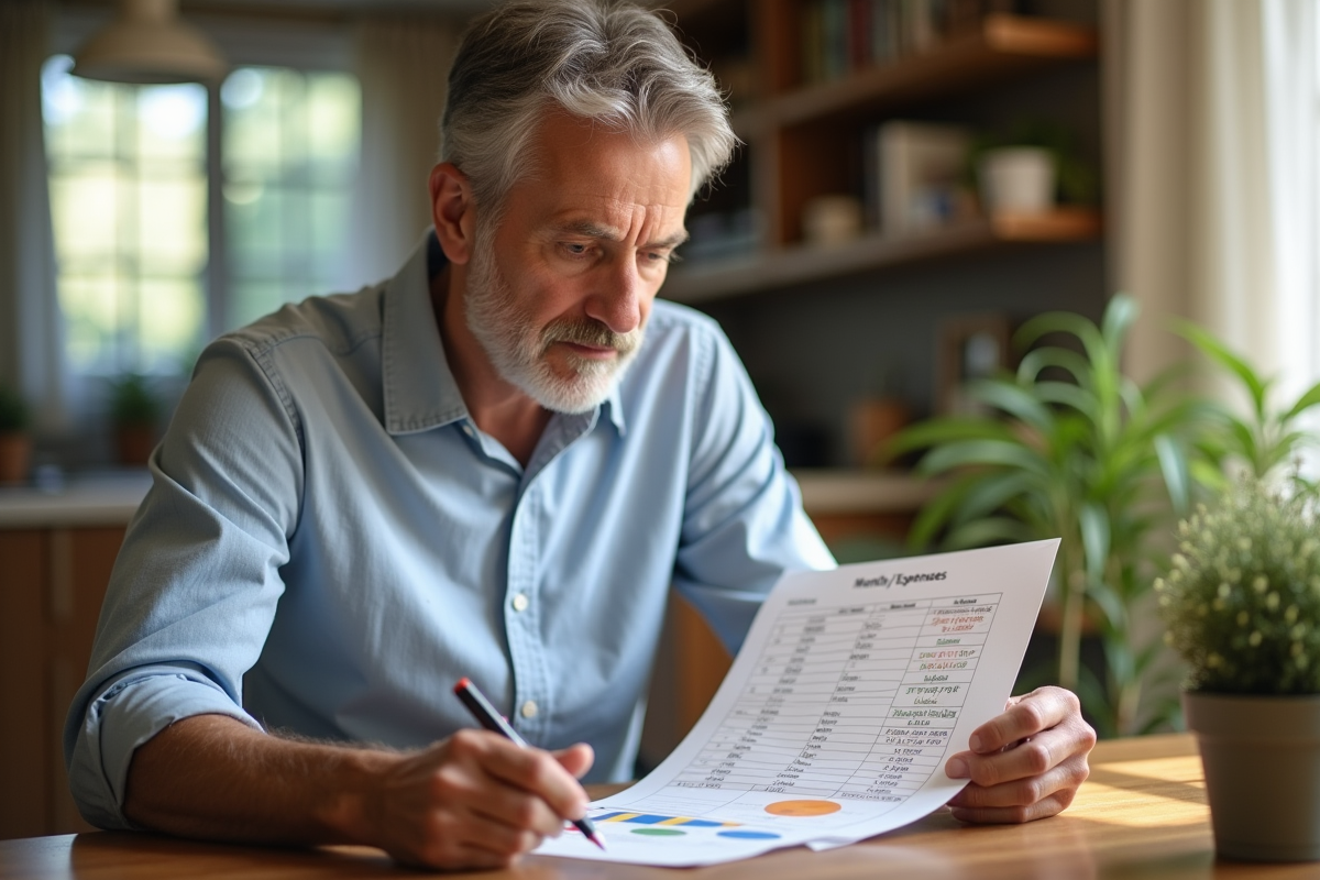 Homme analyse son budget vêtements dans cuisine lumineuse