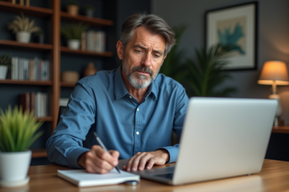 Homme d'âge moyen au bureau moderne en réflexion