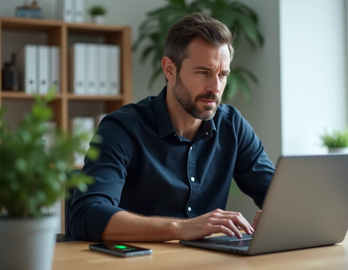 Homme au bureau à domicile recherchant un numéro de portable inconnu sur un annuaire inversé en ligne depuis son ordinateur portable