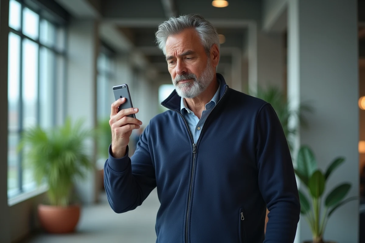 Homme en bureau vérifiant un numéro de téléphone inconnu sur son mobile via une recherche inversée