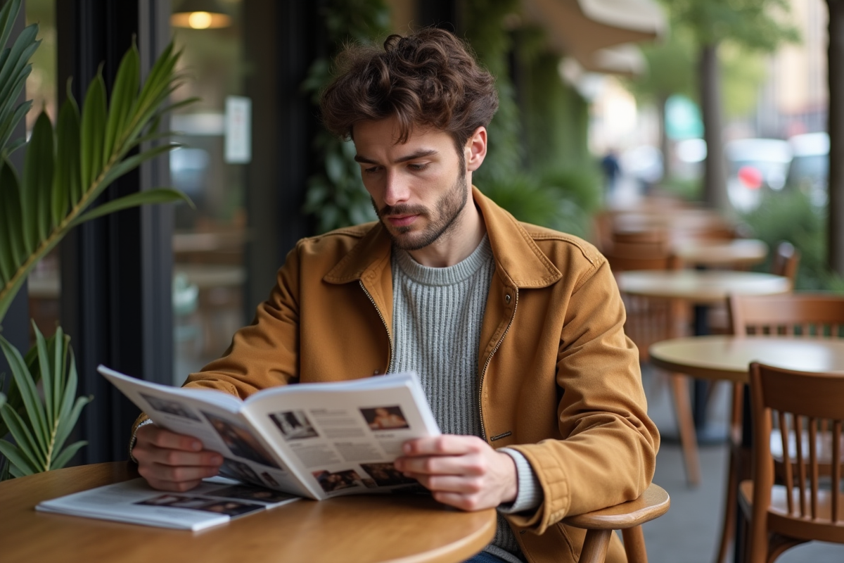 Homme détendu lisant magazine dans un café
