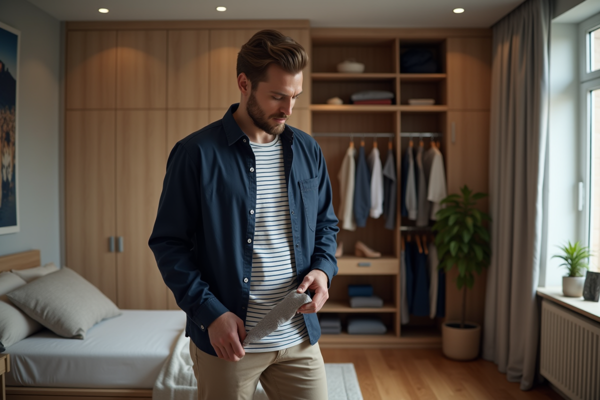 Homme en tenue décontractée choisissant un accessoire dans sa chambre