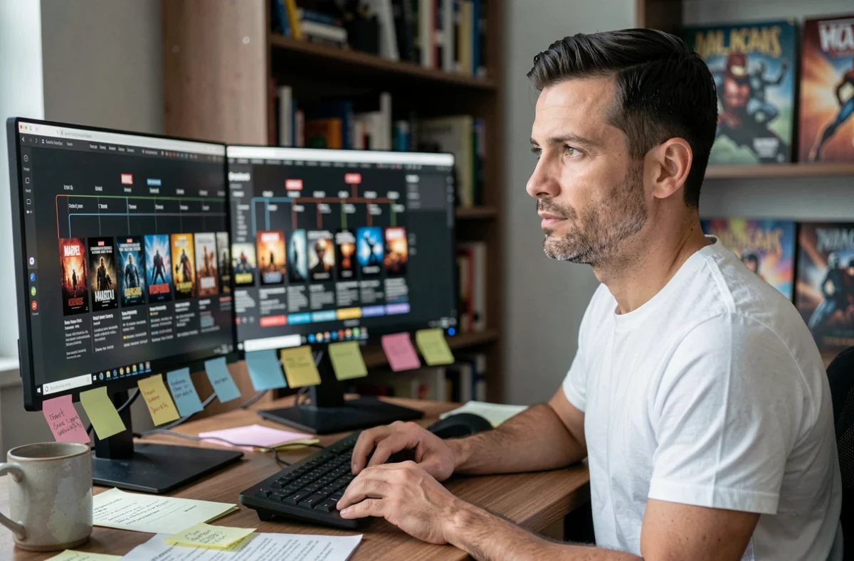 Homme consultant une chronologie des films Marvel sur son ordinateur de bureau