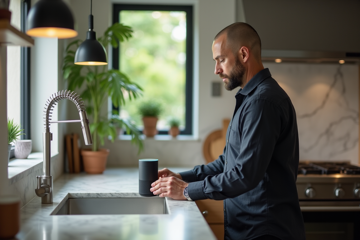 Homme utilisant un assistant vocal dans la cuisine moderne